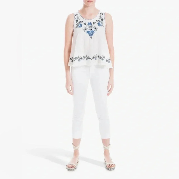 MAX STUDIO | White w/ Blue Floral Embroidered Bohemian Cotton Top Size S - Picture 6 of 16